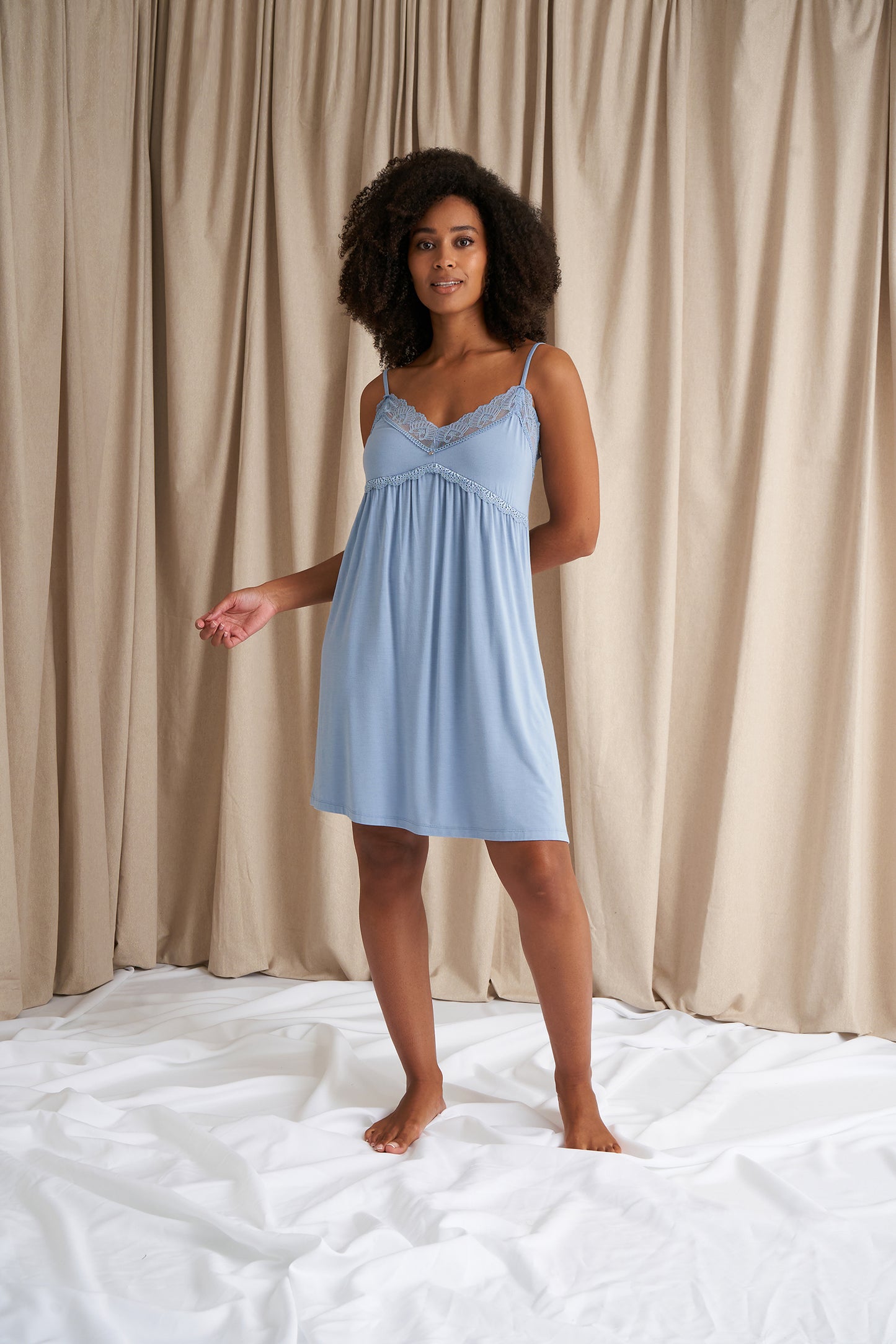 
                  
                    Bamboo Lace Chemise Nightdress in Blue Mist
                  
                