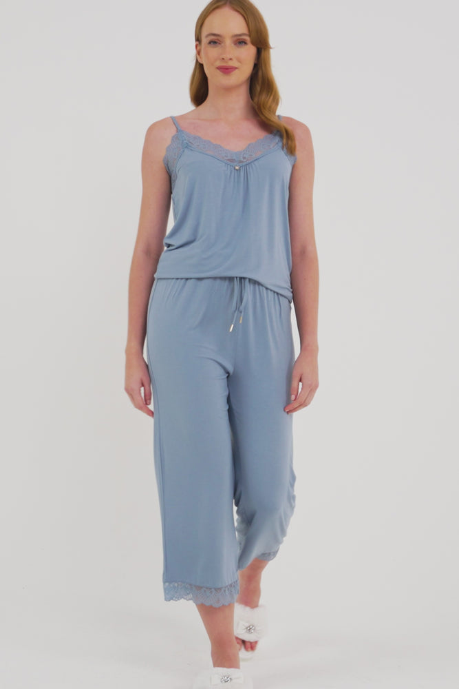
                  
                    Load and play video in Gallery viewer, Bamboo Lace Cami Cropped Trouser Pyjama Set in Blue Mist
                  
                