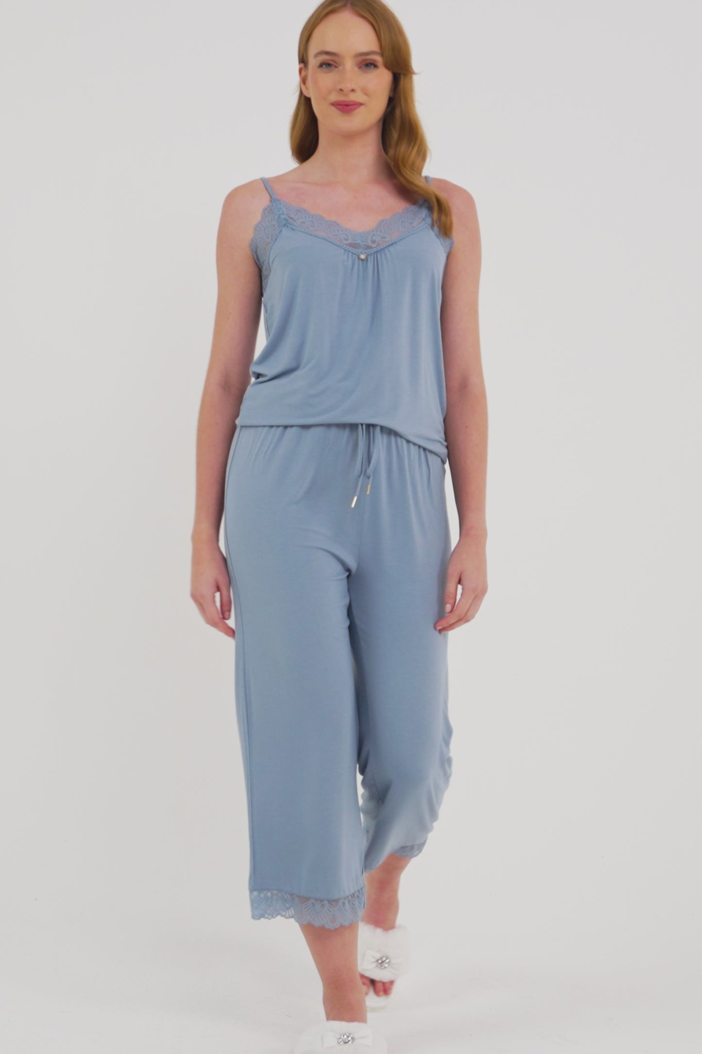 
                  
                    Load and play video in Gallery viewer, Bamboo Lace Cami Cropped Trouser Pyjama Set in Blue Mist
                  
                