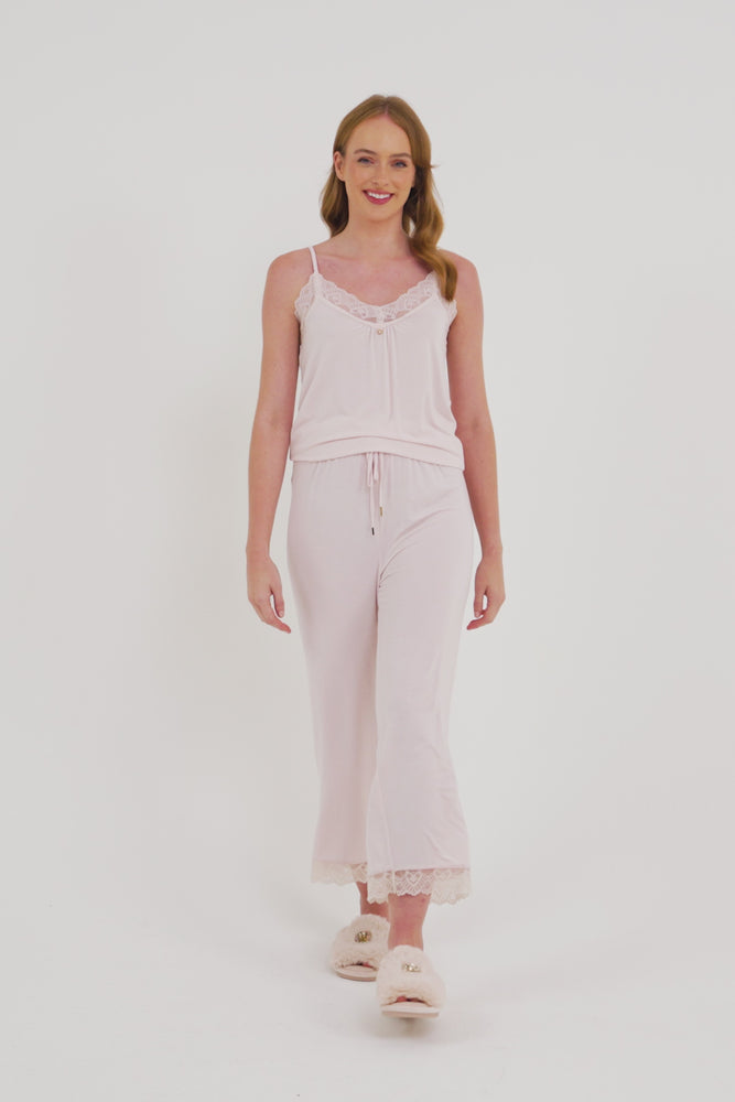 
                  
                    Load and play video in Gallery viewer, Bamboo Lace Cami Cropped Trouser Pyjama Set in Powder Puff
                  
                