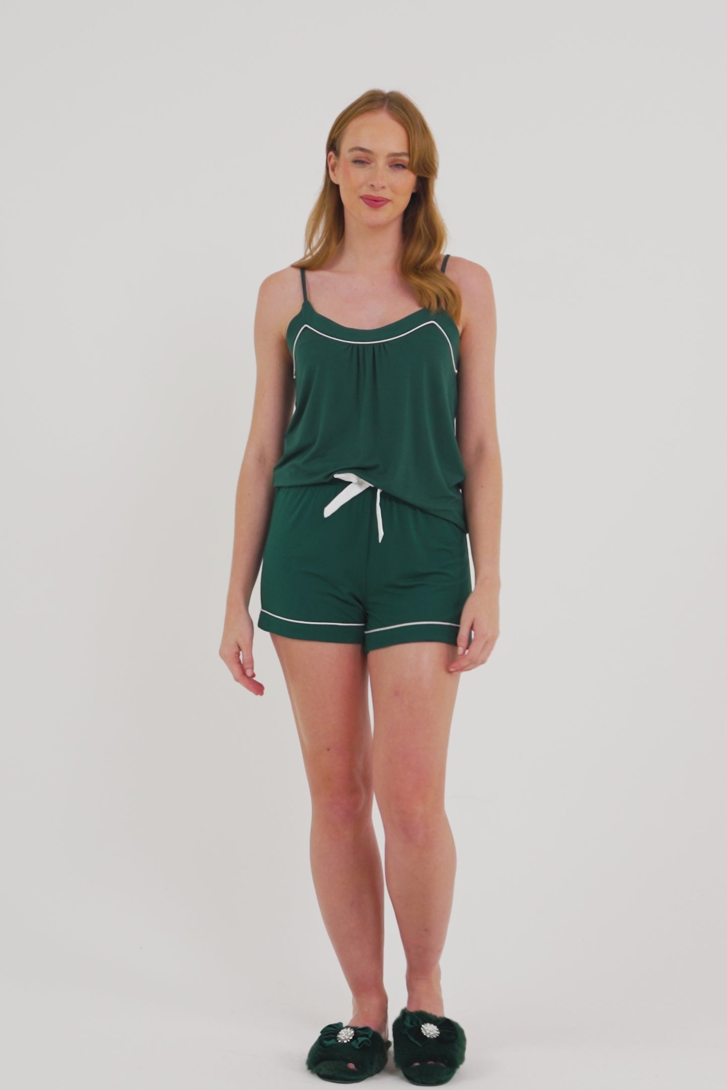 
                  
                    Load and play video in Gallery viewer, Bamboo Cami Short Pyjama Set in Green
                  
                