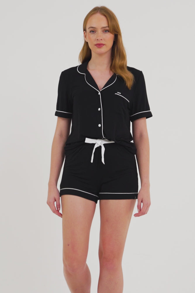 
                  
                    Load and play video in Gallery viewer, Bamboo Shirt Short Set in Black
                  
                