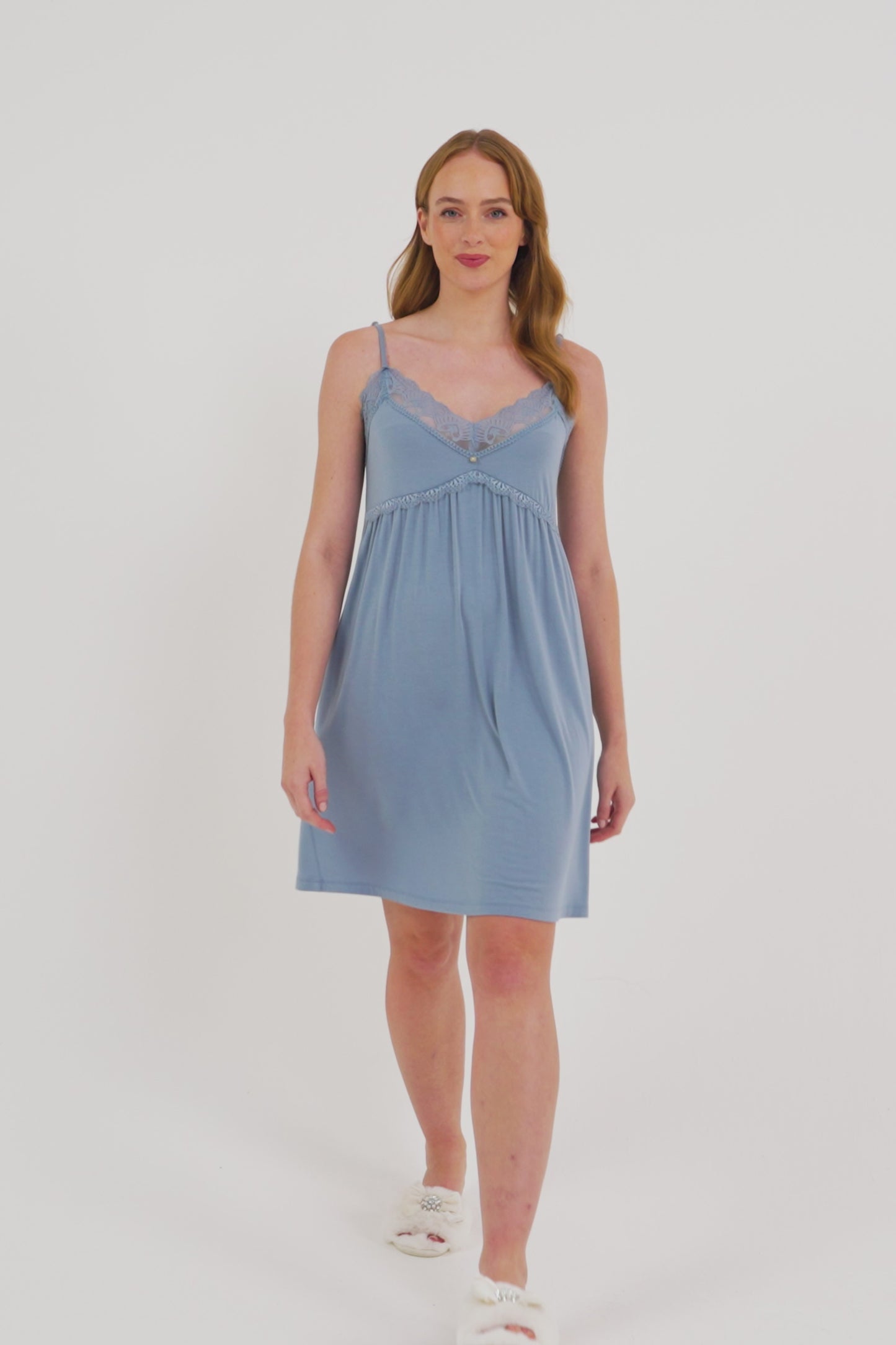 
                  
                    Load and play video in Gallery viewer, Bamboo Lace Chemise Nightdress in Blue Mist
                  
                