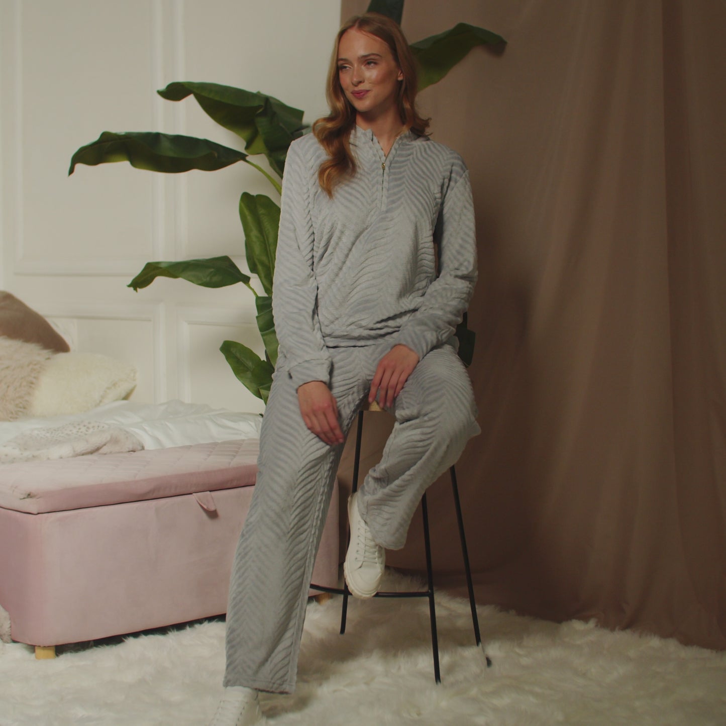 
                  
                    Load and play video in Gallery viewer, Women&amp;#39;s Cosy Chevron Lounge Suit in Shale Grey from Pretty You London
                  
                
