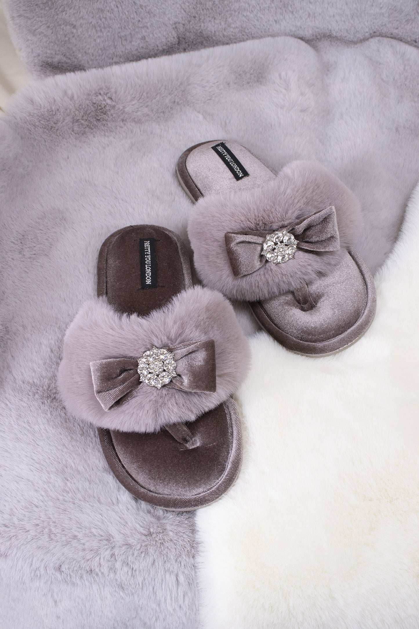 Amelie women's toe post slippers in mink with a premium velvet bow and diamante embellishment atop a plush faux fur band from Pretty You London