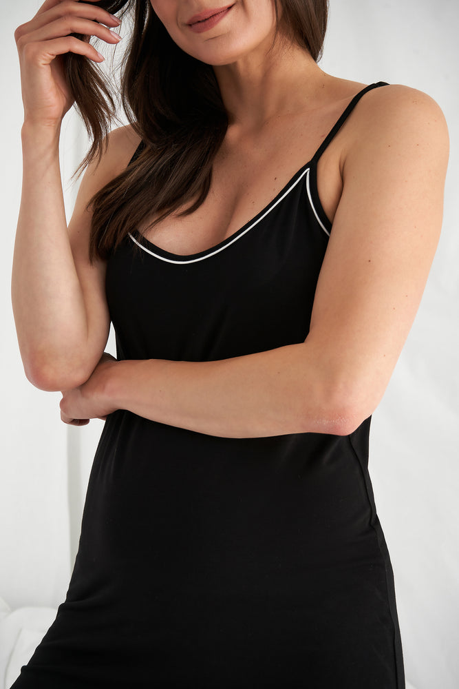 Women's Bamboo Chemise Nightdress in Black with contrasting piping and adjustable straps from Pretty You London