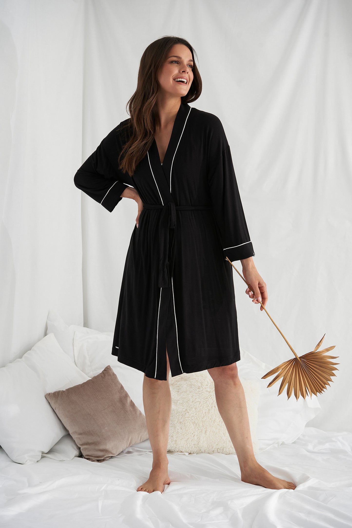 Women's Bamboo Kimono Robe in Black with functional tie and deep pockets from Pretty You London