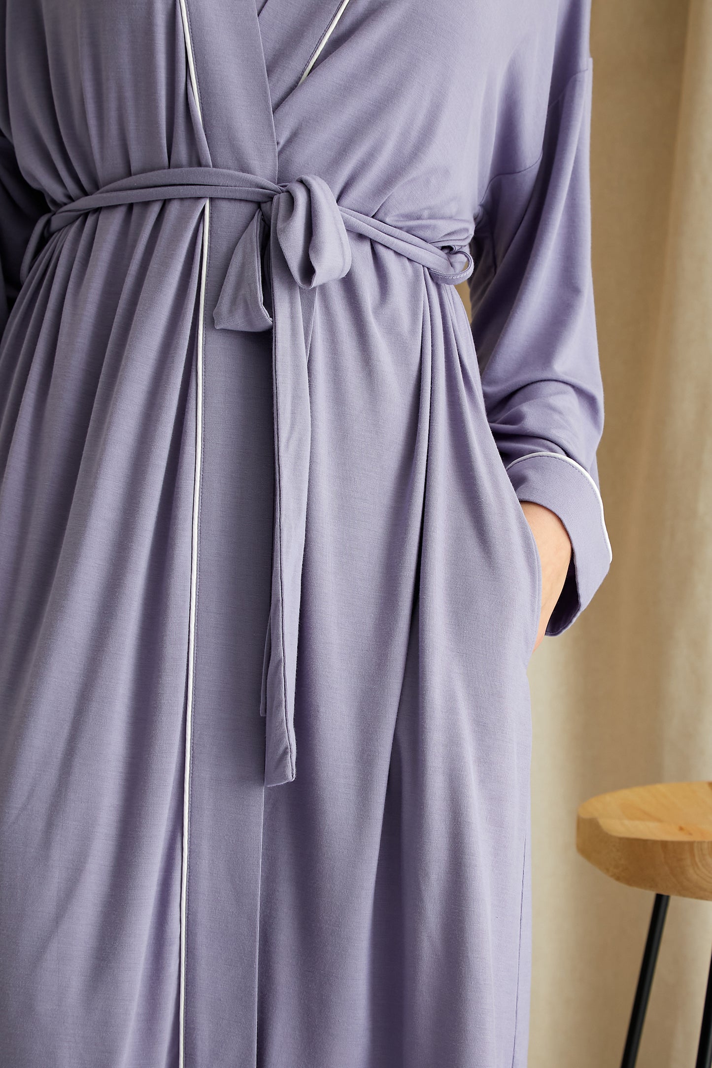 Women's Bamboo Kimono Robe in Lavender with functional tie and deep pockets from Pretty You London