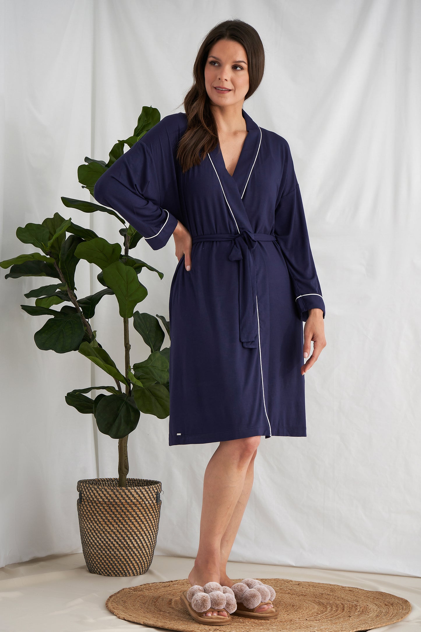Women's Bamboo Kimono Robe in Midnight Blue with functional tie and deep pockets from Pretty You London
