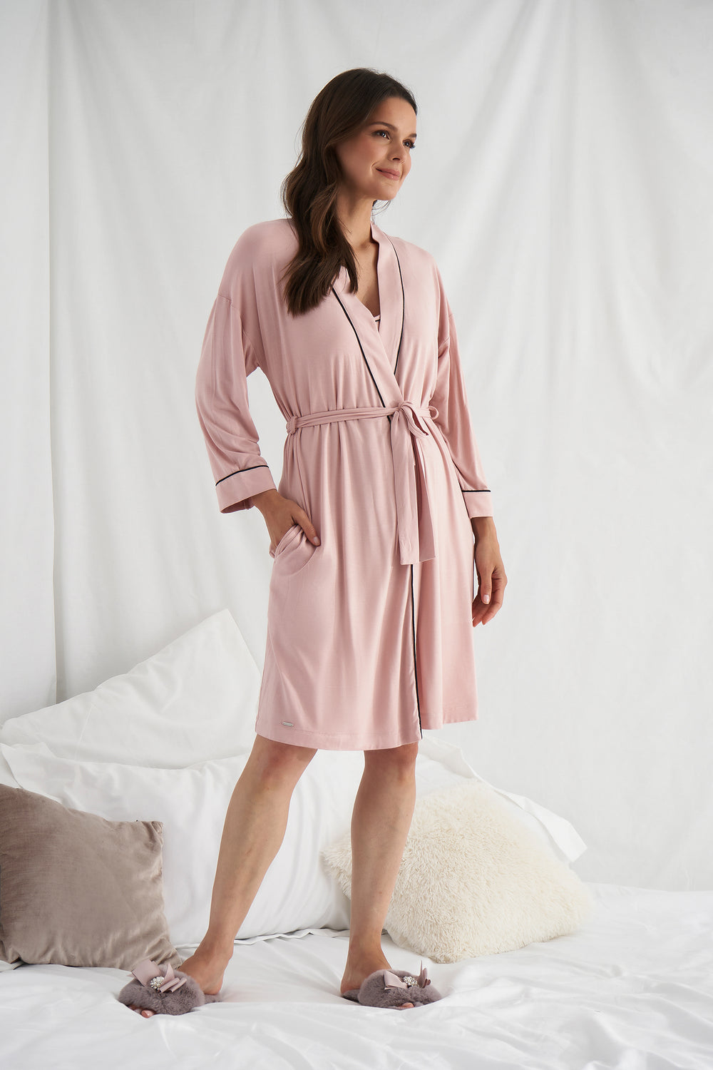 Women's Bamboo Kimono Robe in Pink with functional tie and deep pockets from Pretty You London