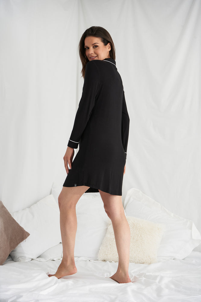 
                  
                    Women's Bamboo Nightshirt in Black with functional button up fastening, revere collar and contrast colour piping from Pretty You London
                  
                