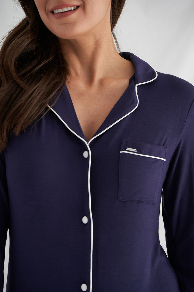 Women's Bamboo Nightshirt in Midnight Blue with functional button up fastening, revere collar and contrast colour piping from Pretty You London