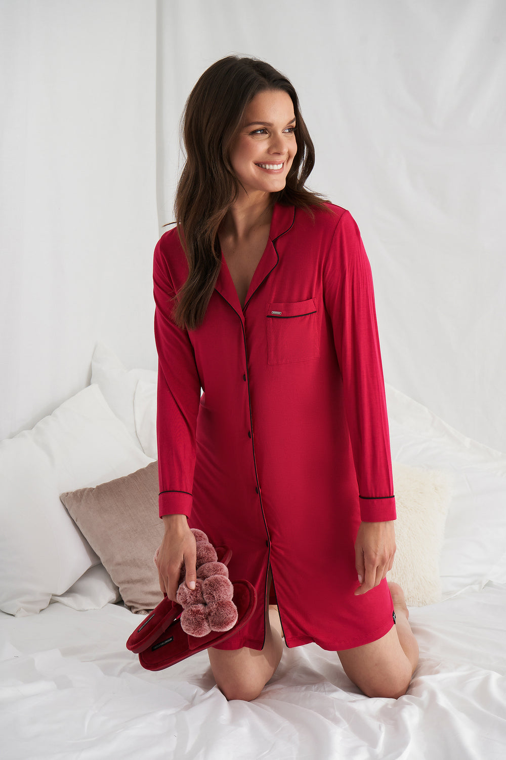 Women's Bamboo Nightshirt in Scarlet Red with functional button up fastening, revere collar and contrast colour piping from Pretty You London