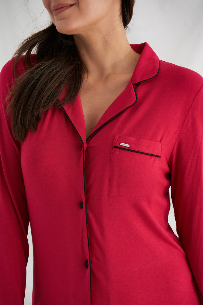 
                  
                    Women's Bamboo Nightshirt in Scarlet Red with functional button up fastening, revere collar and contrast colour piping from Pretty You London
                  
                