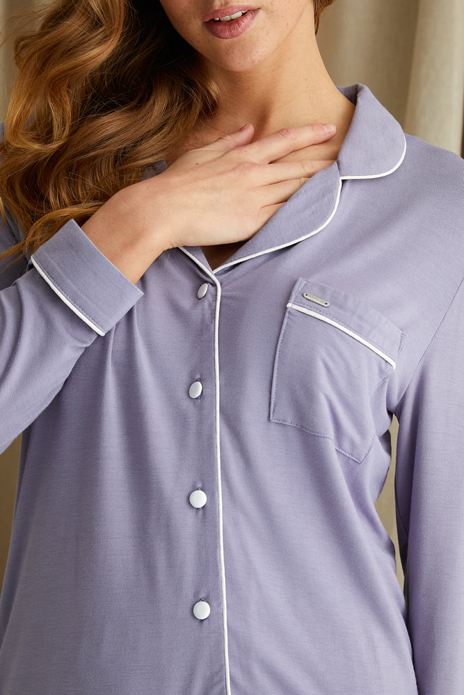 Women's Bamboo Long Pyjama Set in Lavender with revere collar and contrast colour piping from Pretty You London