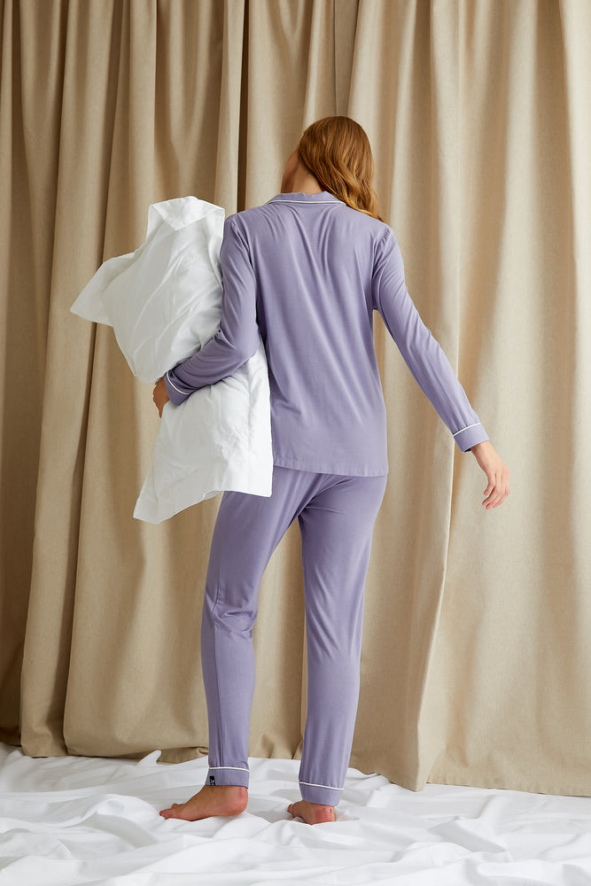 
                  
                    Women's Bamboo Long Pyjama Set in Lavender with revere collar and contrast colour piping from Pretty You London
                  
                