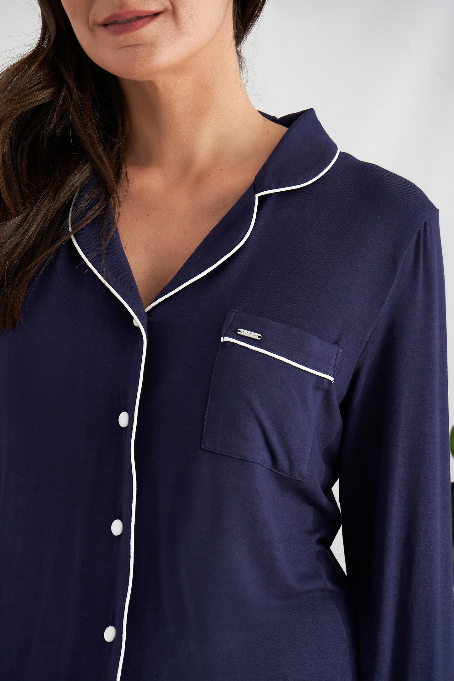 
                  
                    Women's Bamboo Long Pyjama Set in Midnight Blue with revere collar and contrast colour piping from Pretty You London
                  
                