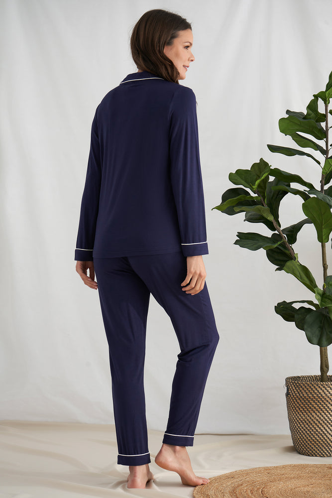 
                  
                    Women's Bamboo Long Pyjama Set in Midnight Blue with revere collar and contrast colour piping from Pretty You London
                  
                
