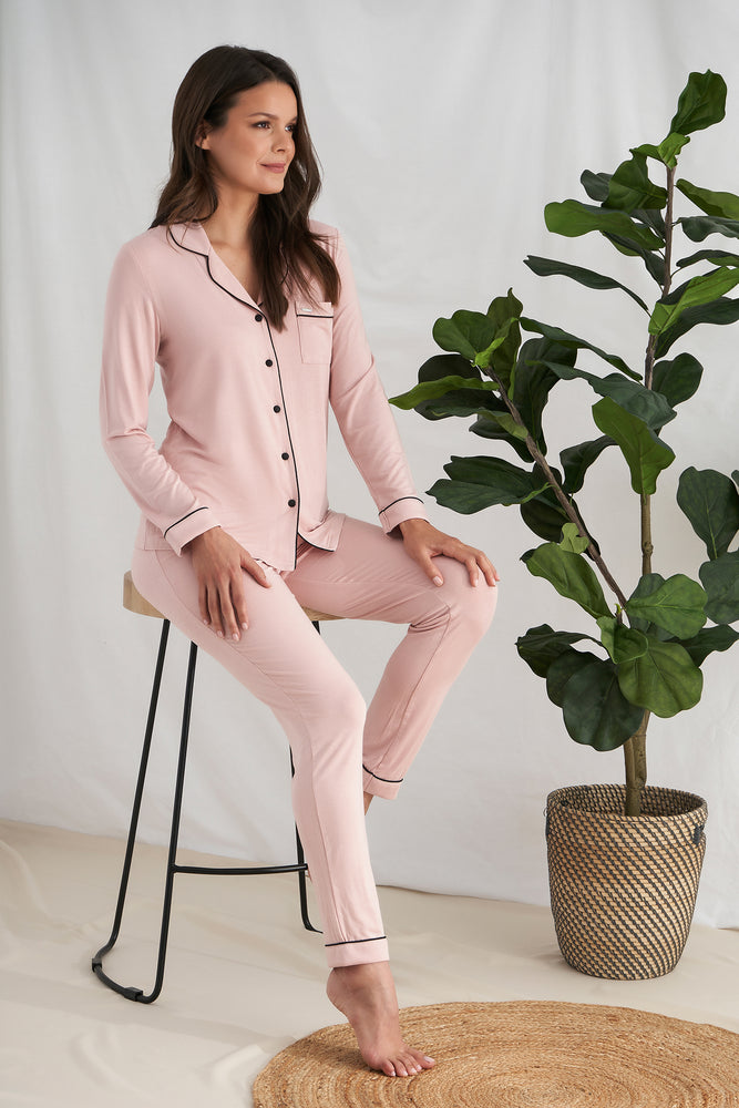 Women's Bamboo Long Pyjama Set in Pink with revere collar and contrast colour piping from Pretty You London