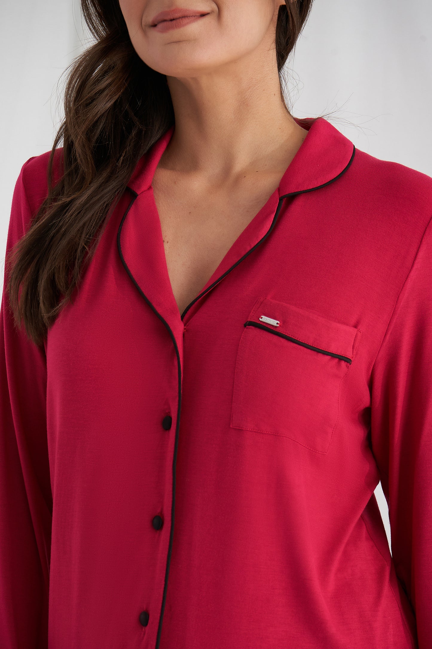 Women's Bamboo Long Pyjama Set in Scarlet Red with revere collar and contrast colour piping from Pretty You London