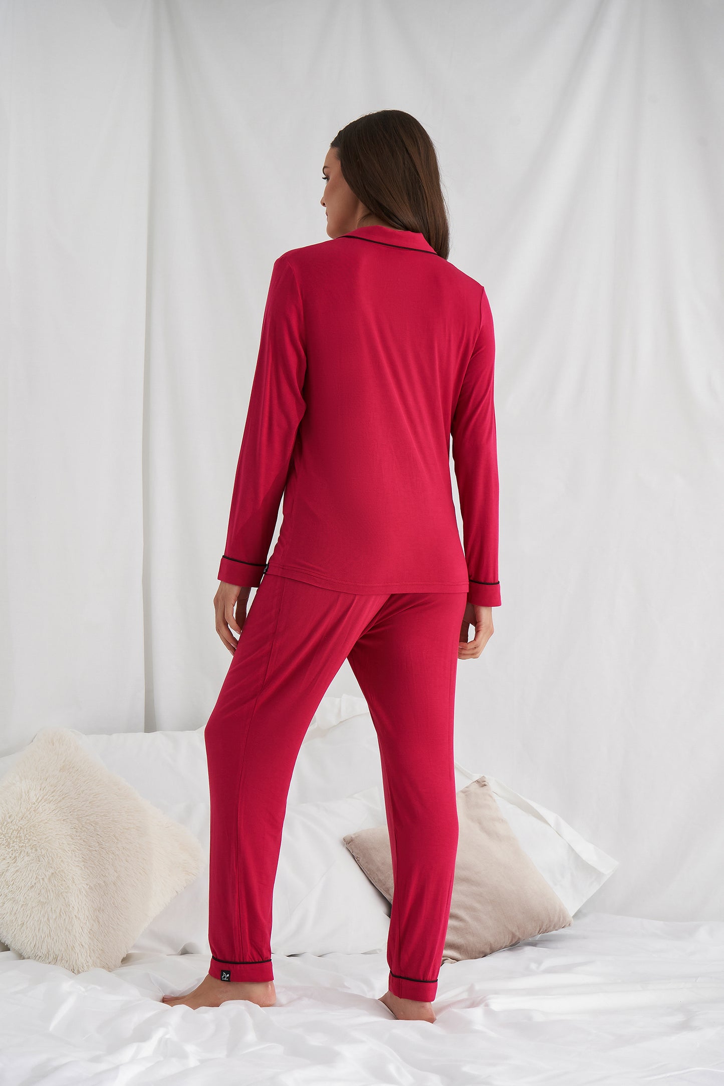 
                  
                    Women's Bamboo Long Pyjama Set in Scarlet Red with revere collar and contrast colour piping from Pretty You London
                  
                