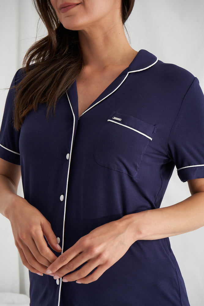 Women's Bamboo Shirt Short Pyjama Set in Midnight with a revere collar and contrasting piping and satin bow from Pretty You London