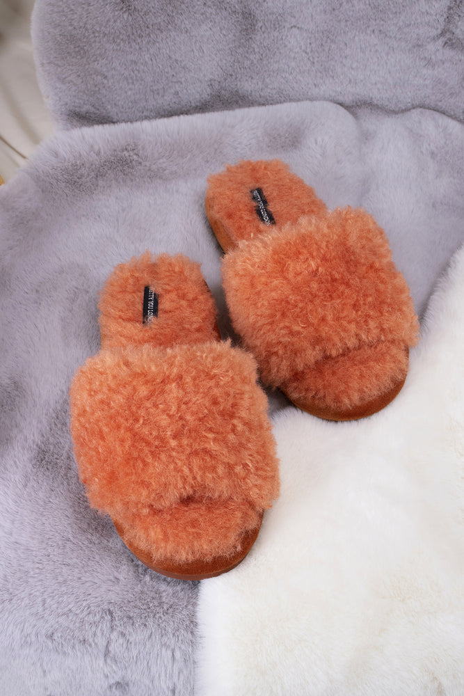 Candy women's open toe slider slippers in spice orange with soft faux shearling and extra thick band from Pretty You London