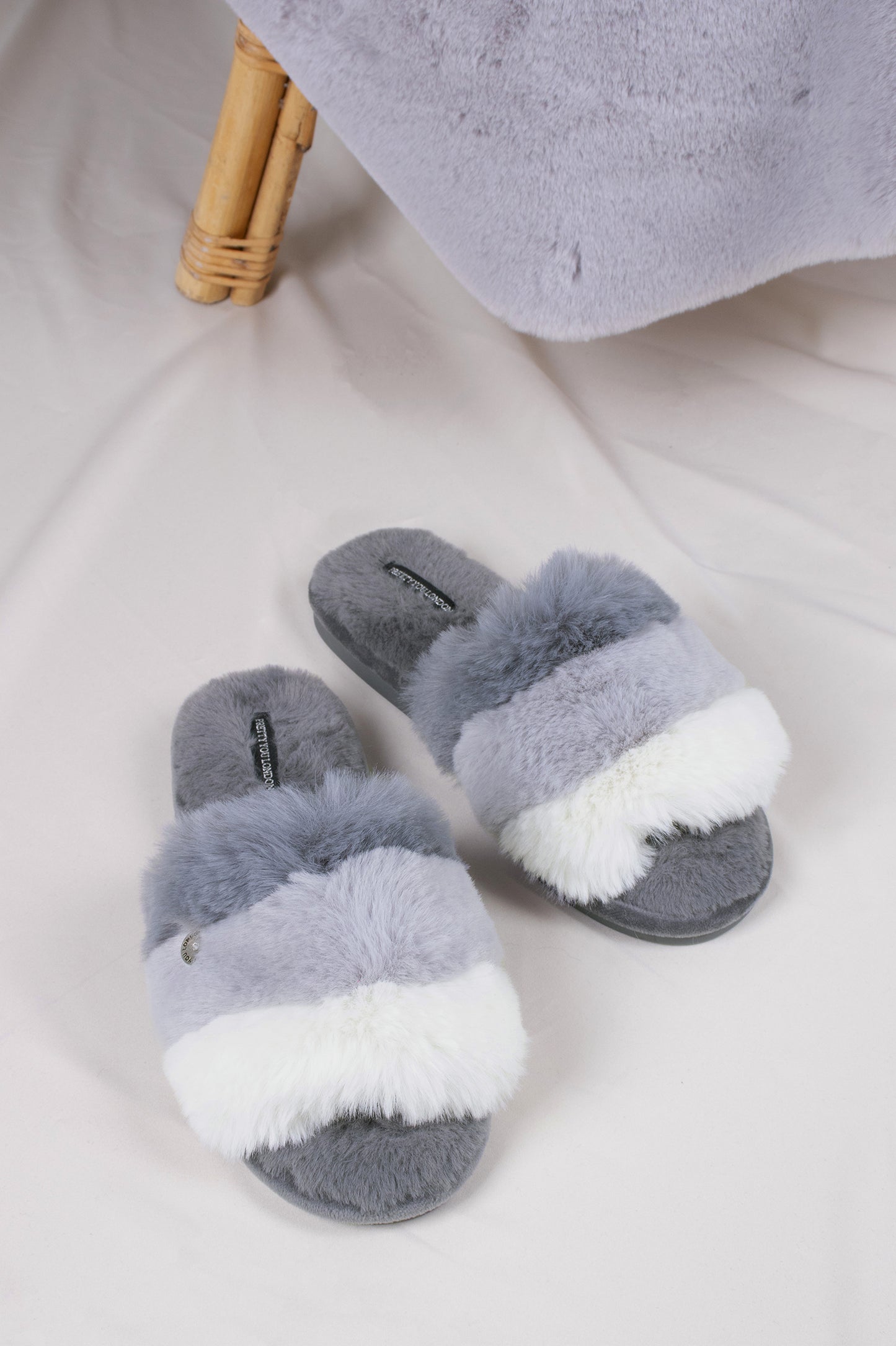 Charley women's slider slippers in grey with super-soft faux fur and tri-colour stripe from Pretty You London