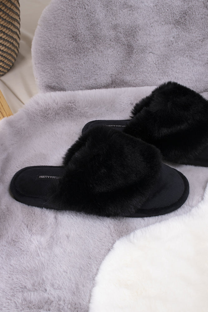 
                  
                    Danni women's mule slippers in black with super soft faux fur across a gentle velour upper from Pretty You London
                  
                