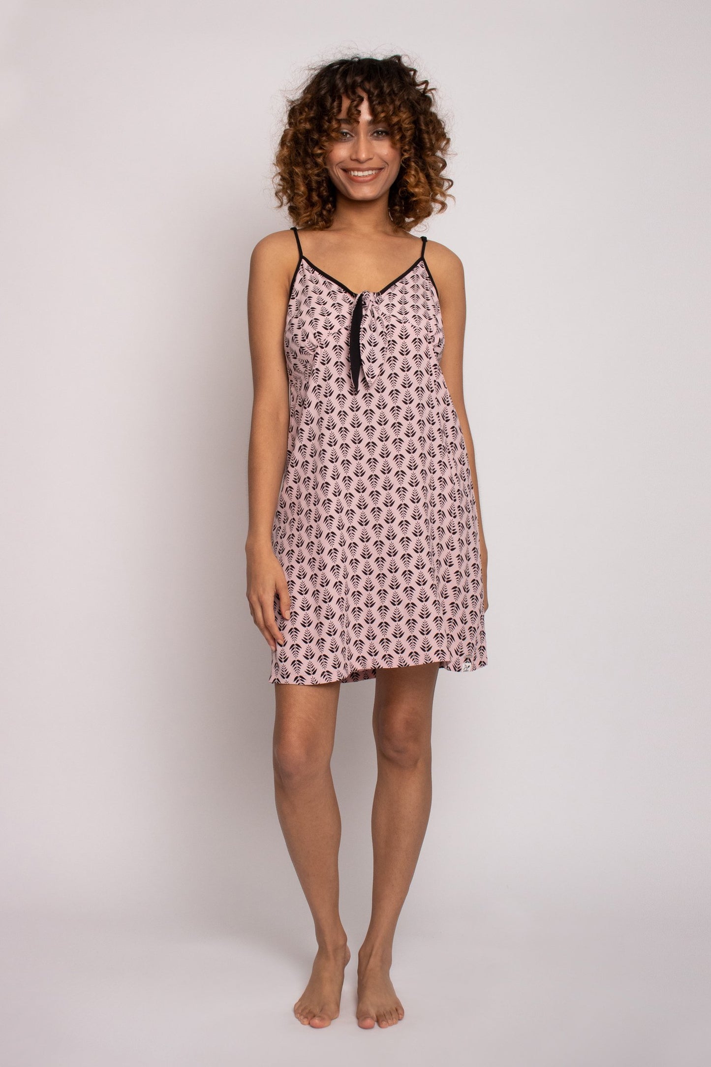 Women's EcoVero Chemise Nightdress in Pink with leaf print and adjustable straps from Pretty You London