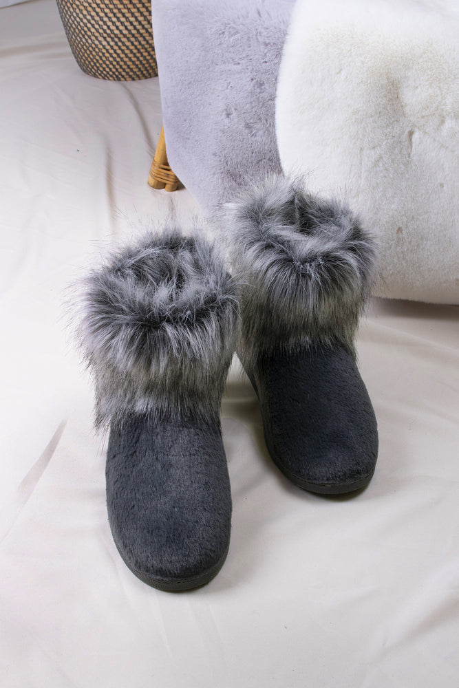Elsa women's slipper booties in grey with super comfy faux fur from Pretty You London