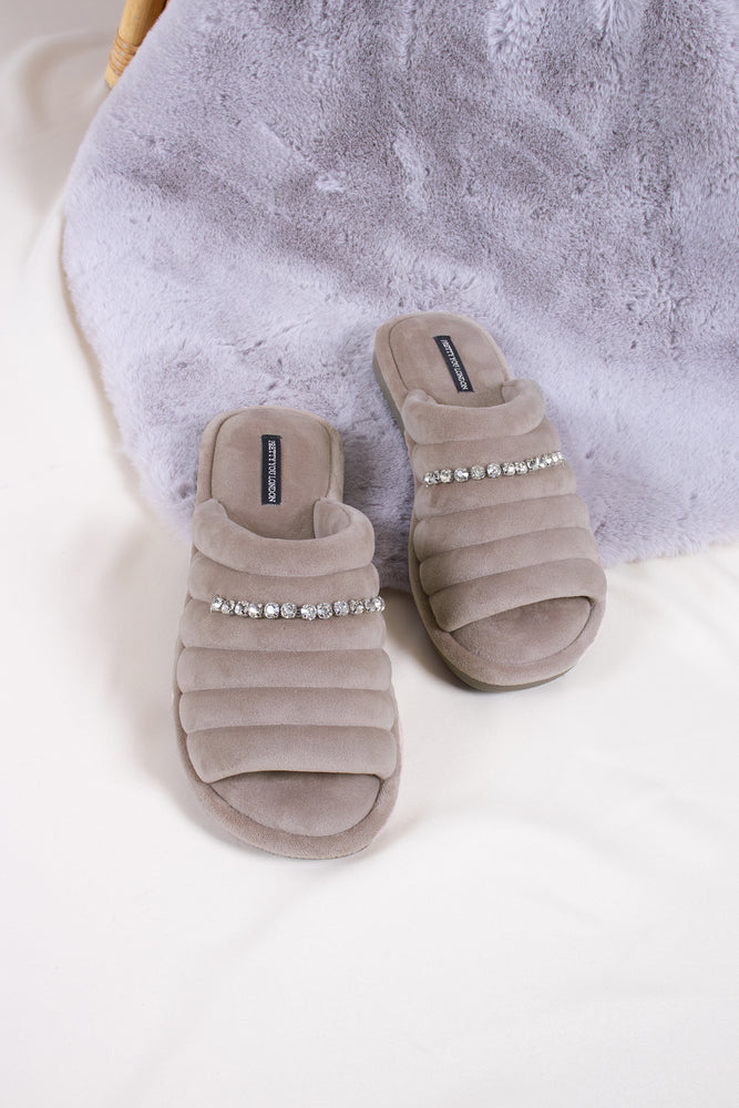 
                  
                    Frankie women's slider slippers in mink combining super-soft microfibre materials with a glistening crystal diamante strap from Pretty You London
                  
                