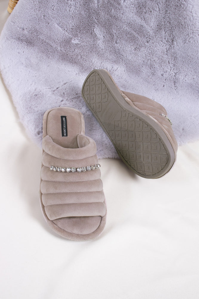 
                  
                    Frankie women's slider slippers in mink combining super-soft microfibre materials with a glistening crystal diamante strap from Pretty You London
                  
                
