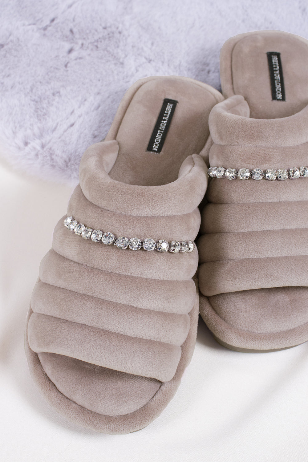 Frankie women's slider slippers in mink combining super-soft microfibre materials with a glistening crystal diamante strap from Pretty You London