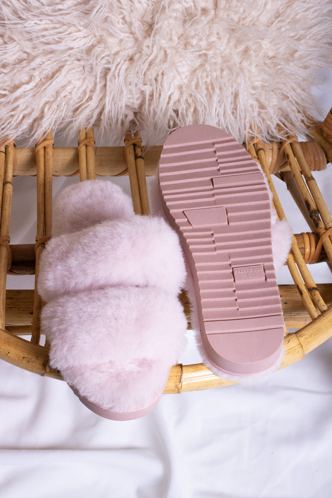 Jinx women's luxury sheepskin slippers in rose pink with a double band and open toe from Pretty You London