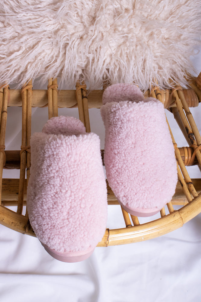 Jude luxury women's mule slippers in rose pink with warm sheepskin lining from Pretty You London