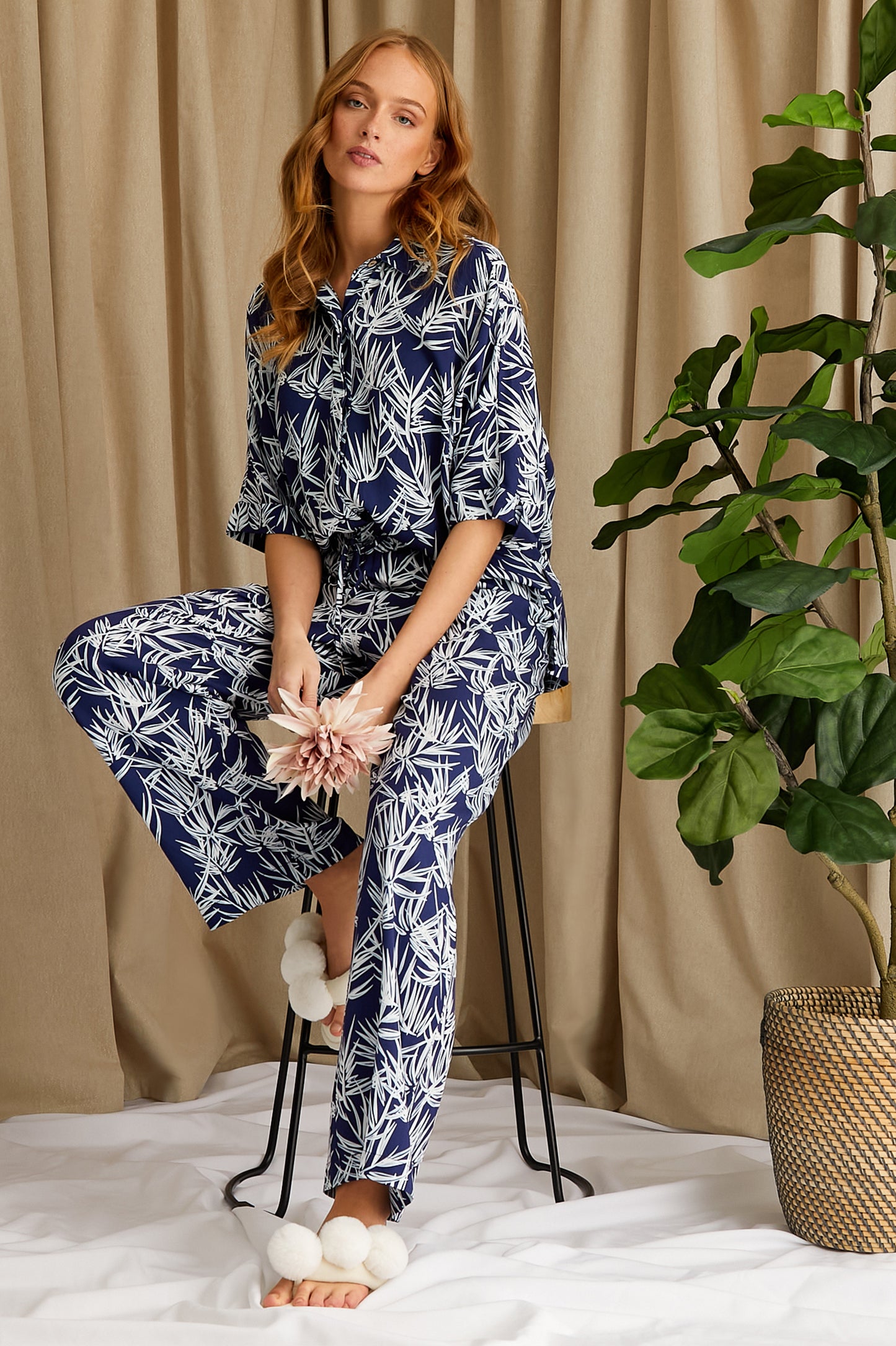 Women's Printed Studio Long Pyjama Set in Midnight Blue with tonal palm print from Pretty You London